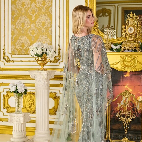 New Beads Embellished Mother Of Bride Gown w/ Mesh Cape & V-Neckline GL3834 - Picture 13 of 14